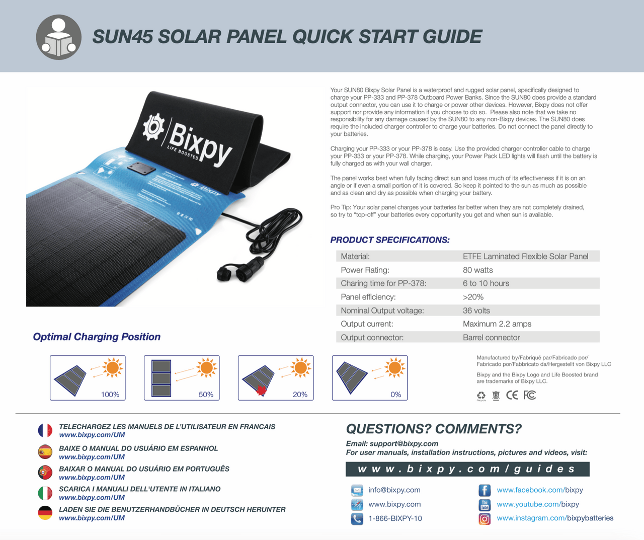Bixpy SUN80 Waterproof Solar Panel - West Coast Paddle Sports