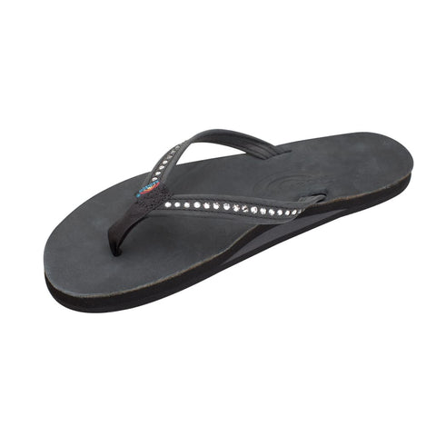 Rainbow Women’s Black Crystal Collection - Single Layer Arch Support Leather 1/2 Narrow Strap with Swarovski® Crystals Sandals - APPAREL